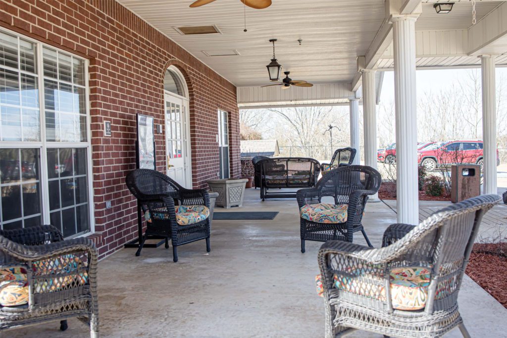A patio area available to long term care, short term care, respite care, and memory care residents